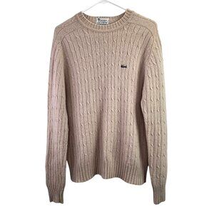 Vintage 1960s Izod Lacoste Wool Sweater L Men Beige Cream Cable Knit Crewneck